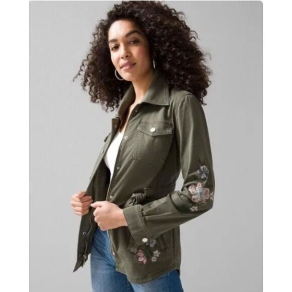 EUC White House Black Market Embroidered Floral Safari Shirt Jacket 10